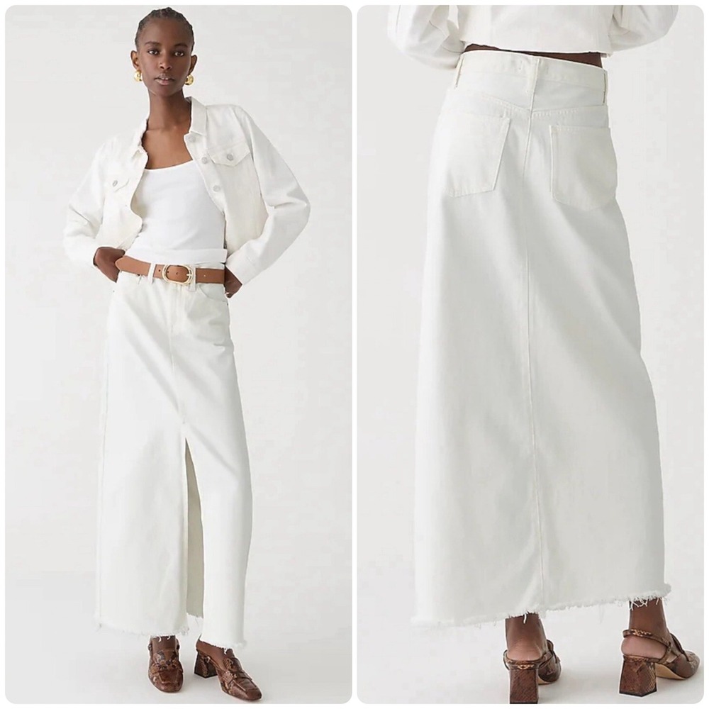 NWT J. Crew Womens White Denim Raw Hem Front Slit Maxi‎ Skirt BY453 Size 24